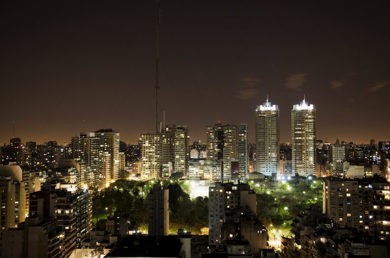 Buenos Aires city building with lights at night