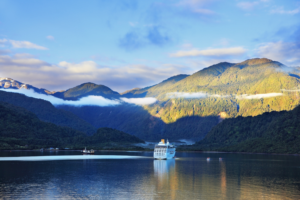 Sunrise in the Chilean fjord. 