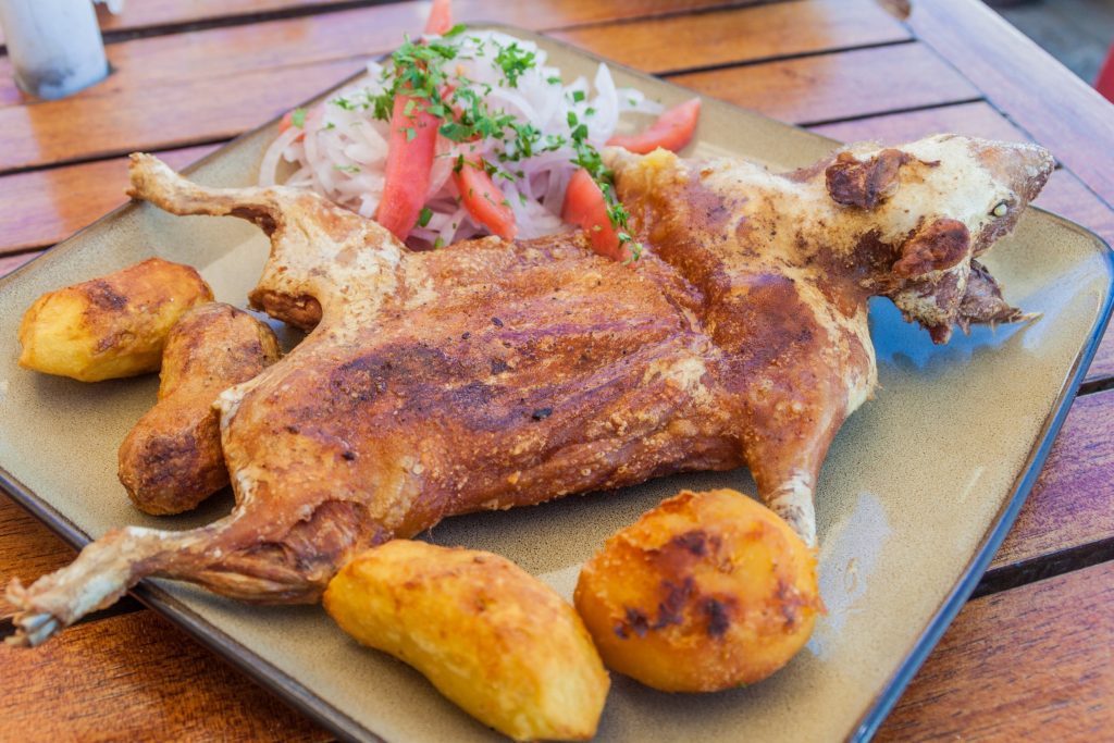 Grilled guinea pig on a plate with vegetables.