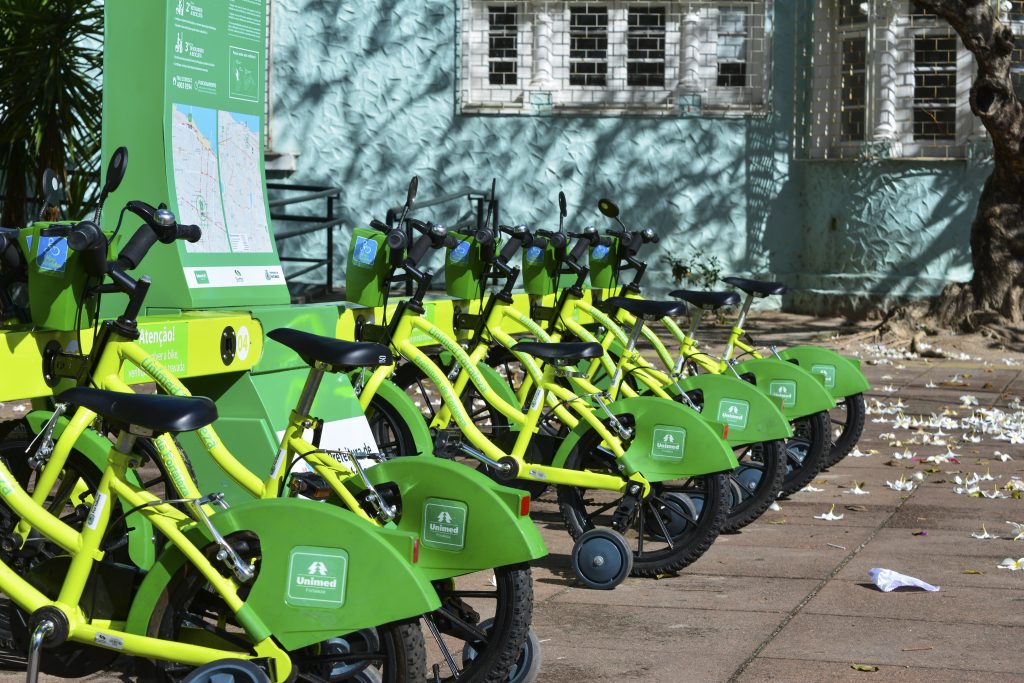 Fortaleza, Ceara, Brazil - Circa July 2017: Bicicletar, cycle project by Unimed Health Insurance Luiza Tavora Square (CeArt) famous place in Fortaleza, Ceara State, Brazil credit shutterstock