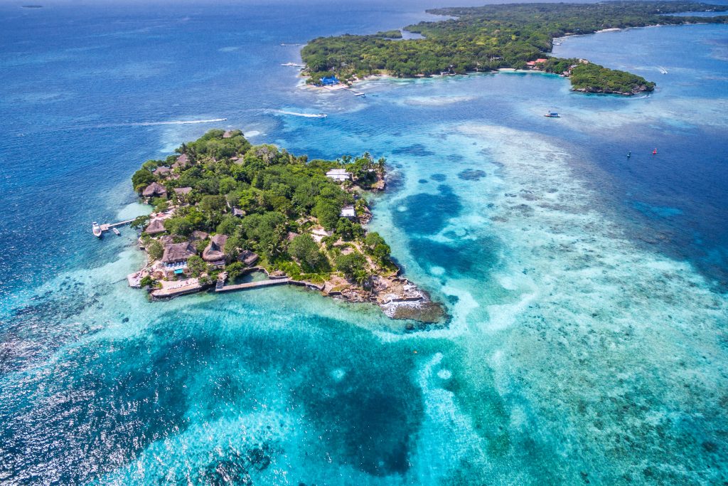 Rosario Islands (Islas del Rosario) in Cartagena de Indias, Colombia, aerial view. credit shutterstock